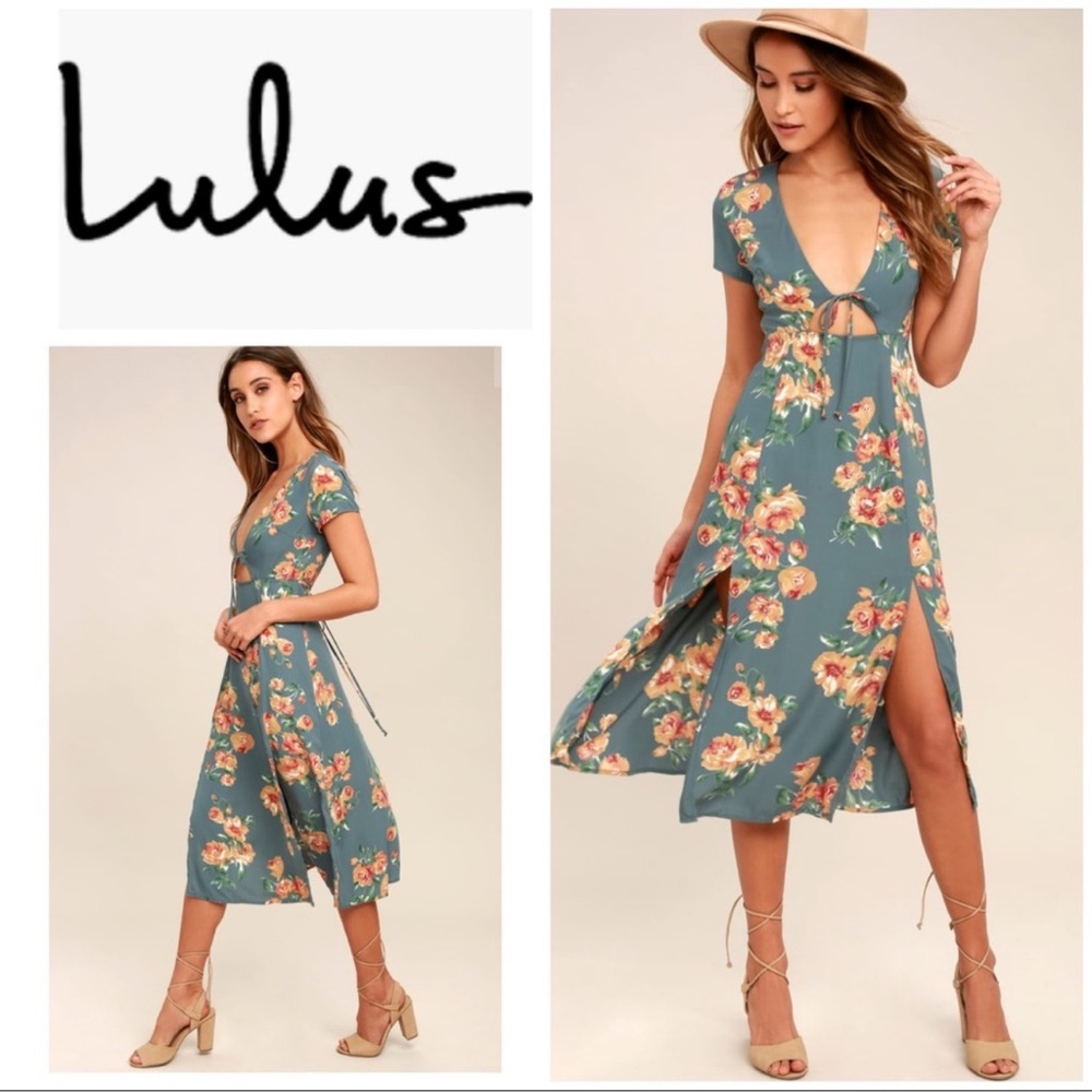 Lulus Best Day of My Life Dusty Sage Floral Print Midi Dress Size Small